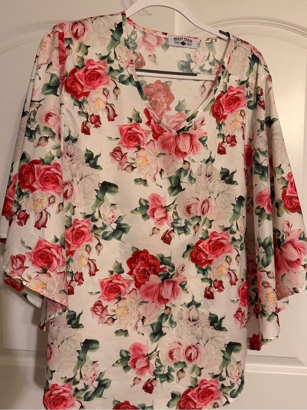 Crazy Train Cream Floral V-Neck Bell Sleeve Blouse with Pink Roses